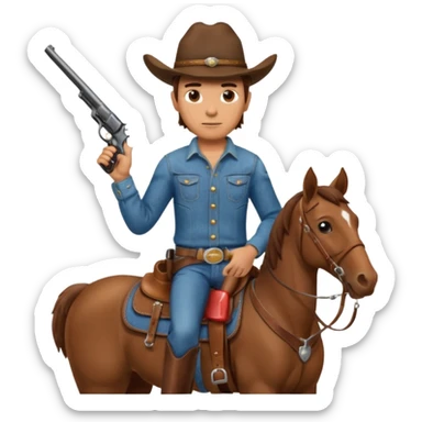 A cowboy that is holding a gun and and having a horse inside sticker