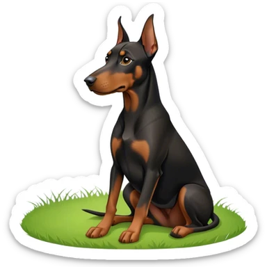 Close-up of a Doberman Pinscher sitting on lush green grass, looking alert and majestic. The background features a beautiful, serene nature view with rolling hills and bright blue skies. The dog’s sleek black and tan coat shines under the sun. Transparent background. sticker
