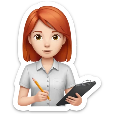 Intern or volunteer red hair holding a clipboard and pencil, ready to take notes or assist. The character wears a simple shirt and has an eager posture sticker