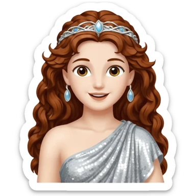 Diana, Goddess of Moon from Roman Deities with long dark auburn wavy hair, silver sequin toga sticker