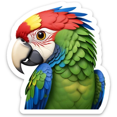 Cinematic Realistic Noble Macaw Portrait Emoji, Poised and majestic, with a robust, vibrant build and meticulously detailed plumage in scarlet, deep blue, and touches of gold, a strong, curved beak and piercing, intelligent eyes, rendered with lifelike feather texture and natural lighting, high shine, commanding and regal, styled with an air of tropical authority, focused and attentive, soft glowing outline, capturing the essence of a watchful and confident macaw that appears ready to soar out of the screen with effortless splendor! sticker