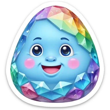 A single pastel rainbow crystal baby rock character, chubby and heavy with a chunky, irregular polygon shape, not egg-shaped, covered in faceted crystal planes and small chips, soft blue face carved into the rock, big glossy rainbow eyes and a small smiling mout sticker