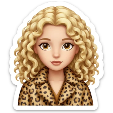 Blonde girl with long curly hair and hazel eyes in leopard print coat  sticker