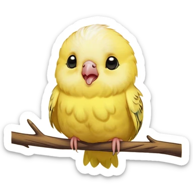 Cinematic Cute Yawning Yellow Budgie Portrait Emoji, Head tilted slightly with a dramatic, wide-open yawn, showcasing a soft, downy yellow feathered fur with gently drooping wings, round dark eyes barely open in drowsy contentment, Simplified yet irresistibly adorable features, highly detailed, glowing with a soft, cozy glow, high shine, relaxed yet expressive, stylized with a touch of whimsy, bright and endearing, soft glowing outline, capturing the essence of a sleepy yet affectionate budgie, so drowsy it feels like it could stretch out of the screen and curl up for a nap! sticker