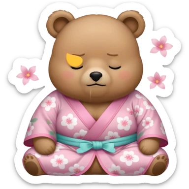 A cute chubby light-brown bear wearing a pastel pink sakura-patterned kimono, tiny body and round head, adorable simple face, sleepy half-closed eyes, small blush on cheeks, sitting while dozing off, tiny “zzz” floating above the head sticker