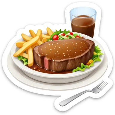 big juicy australian steak meal featuring chips, small salad in a ramikan and gravy  sticker