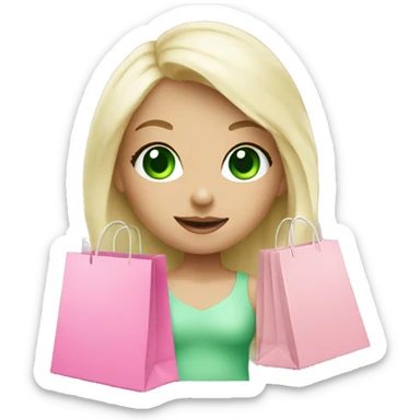 cute platinum blonde with green eyes surrounded by pink shopping bags sticker
