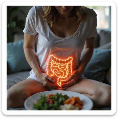 adult woman, photorealistic, intestinal pain, sitting with curved posture, hands on abdomen, healthy food plate, intestines highlighted with glow or transparency effect, natural light, kitchen background sticker