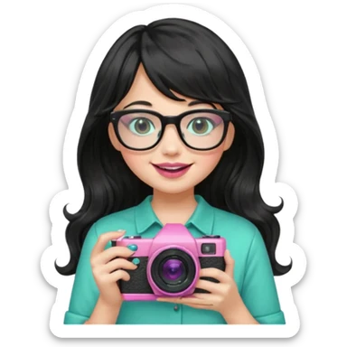 menina de cabelos pretos longos e ondulados, franjinha, óculos de grau preto, gloss rosa nos lábios, segurando uma câmera verde água, sorrindo sem mostrar os dentes, camisa verde musgo claro, emoji style sticker