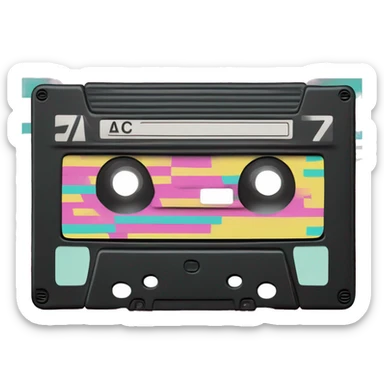 A VHS cassette in black with a retro label featuring pink, teal, and yellow diagonal stripes. Add a handwritten "Home Movies" label and a glowing grid background.   sticker