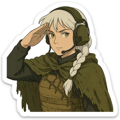 1 female, mid 20's, white hair in a long braid, gold yellow eyes, adorned in a black long sleeve shirt, tan body armor and a worn olive-green cloak with netting holding it together. She wears a COMTAC headset. is giving a stealthy salute sticker