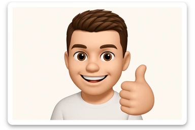 Based on these photos, make an emoji with facial features intact, a man in a white T-shirt, giving a thumbs up and smiling approvingly sticker