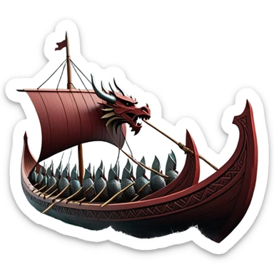 detailed-cinematic-viking-longboat, rendered in a flat, bold vector style with minimal shading, featuring a striking dragon-headed prow slicing through waters. shields on the side and vikings rowing The longboat’s, the boat has carved motifs evoke a sense of epic adventure and Nordic might, with billowing sails catching a dramatic, stormy sky backdrop. sticker