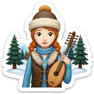 "Girl 👩🏻‍🦱 in fur hat 👒🦊 and vest 🧥, standing in snow ❄️🌲, holding a Bashkir dombyra 🎶 (long-necked two-string folk instrument). Emoji style." sticker