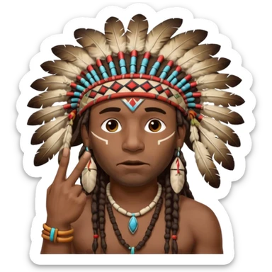 Black American man dark brown with dreads with a American Indian headdress with one finger pointing at his mouth with a yea he lying face sticker