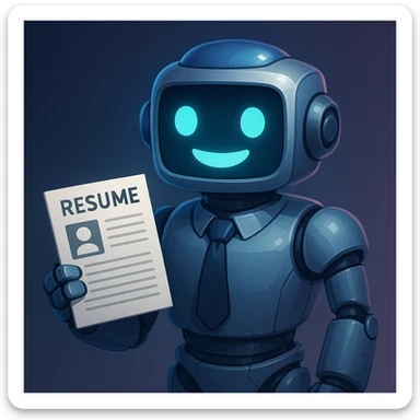 a recruiter robot with a tie, smiling, holding a resume, futuristic style sticker