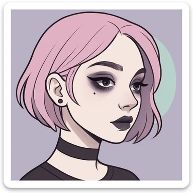 Make this pastel goth profile picture more goth, keep it cute, expressive, and minimal, in the style of imagen-4-fast-KaUtLiSA10F. Enhance goth elements with subtle dark tones and pastel goth aesthetics while maintaining cuteness and expressiveness with minimalistic design. sticker
