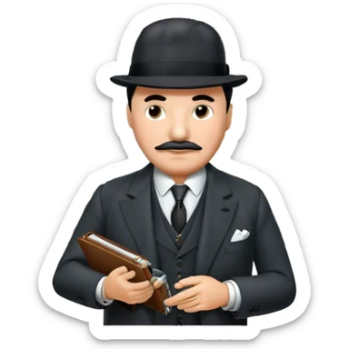 A cinematic-style frame showing Hercule Poirot in his iconic suit with a notebook in a dramatic detective pose. Background should be mysterious city, map, a board with photos of suspects, clues like fingerprints. Transparent background. sticker