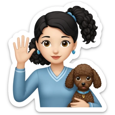 Ponytail black hair girl with brown Poodle say goodbye  sticker