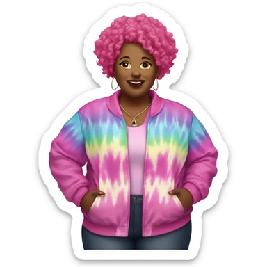 Plus size black woman with pink curly hair and a tie dye jacket  sticker
