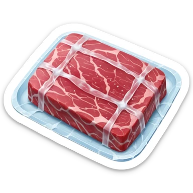 single raw meat cut steak or filet wrapped in thin layer of frosty plastic film with visible ice crystals slightly opaque surface pink to red meat with subtle marbling stiff edges frozen solid no tray no label no extras soft lighting subtle shadows emoji scale sticker