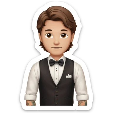 a bartender man with bow tie and vest, having brown wavy hair and tattoo 















 sticker