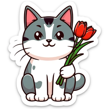 tricolor fluffy cat with big green eyes holding red tulips in her arms sticker