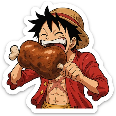 Luffy eating a big piece of meat, happy facial features, dynamic anime style sticker