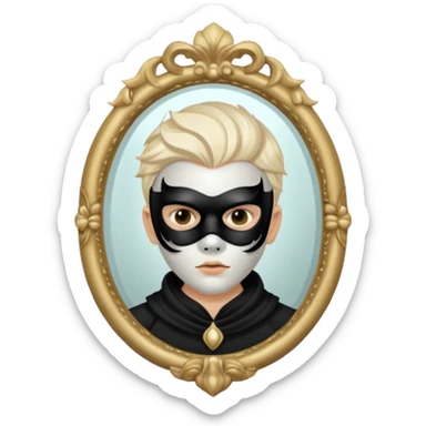 Spooky killer on mask on fancy mirror behind boy sticker