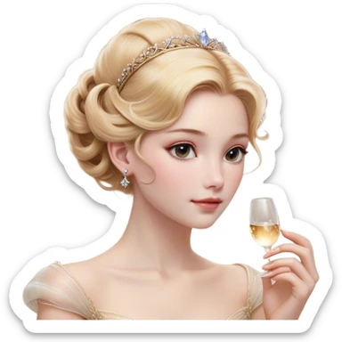 Cinematic Realistic Cinderella Portrait, depicted with lifelike skin texture, subtle rosy undertones, and soft natural lighting that enhances the gentle contours of her face. Her intricately detailed golden blonde hair is elegantly styled in an updo, with delicate wisps framing her face. Her deep, expressive blue eyes radiate warmth and sincerity, reflecting a quiet resilience and grace. She holds a glass slipper gently in one hand, her other hand resting gracefully at her side, emphasizing the timeless beauty of the moment. She is dressed in her iconic ball gown, the fabric shimmering with intricate embroidery and fine translucent layers that catch the light beautifully. The soft sheen of satin gloves adds a magical touch to her graceful pose. The portrait features an enchanting glow with a natural, luminous finish, seamlessly blending realism and fairytale charm to evoke a sense of depth, elegance, and timeless beauty. sticker