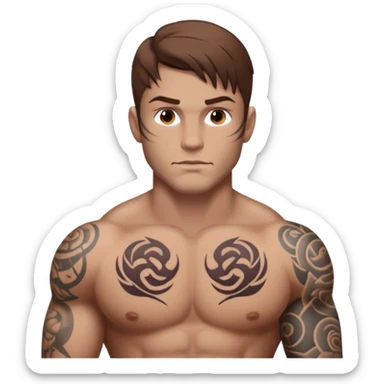 tattoo man, fair white skintone,brown hair, tattoos on face, more visible, bulky man with tattos on his chest, heavy tattoos. sticker