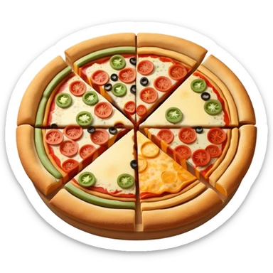 3d pie chart whith pizza as base and different colored unequal slices sticker