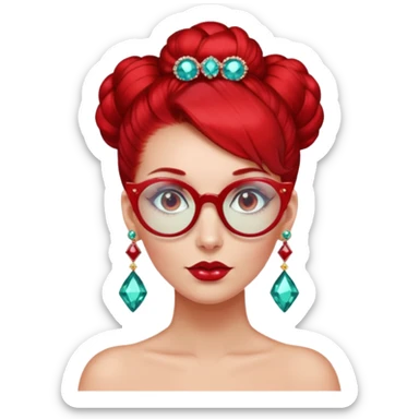 gem lover woman with gem accessories excessive amount gem glassess very big gem earrings red bun hair and red diamonds sticker