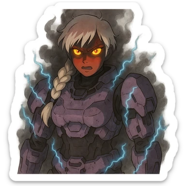 female, wearing reach spartan armor shoulder-unequip, long white braid hair with massive messy front side single bangs, gold yellow eyes, attention pose, D-cup size, HALO:series, no helmet, the armor is lavender color scheme, eyes glowing, demon eye, gleam, rage aura, body steaming dark gray, blue electricity sticker