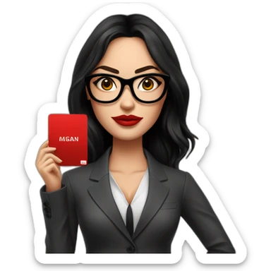 megan fox in a suit with big black glasses, showing a red card, realistic sticker