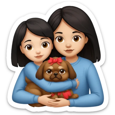 black hair girl hugging brown pekingese dog that looks a little bit like brown gremlin sticker