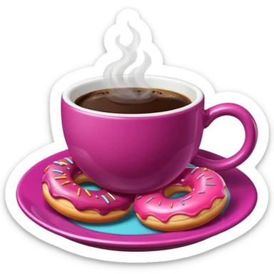 A steaming cup of coffee, magenta with a yellow butterfly print, sits on a magenta saucer with colorful donuts. sticker