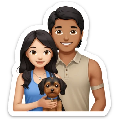 A pretty Asian girl with long, luscious wavy black hair (loose, no hair tie), wearing a sleeveless halter top, standing beside a brown skinned man with a middle part haircut who is wearing a polo shirt. They are both smiling and holding a small Yorkshire Terrier together sticker
