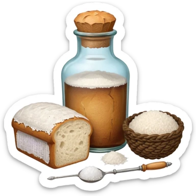 a one victorian bottle of salt and a loaf of bread - crochet needles and a ball of wool sticker