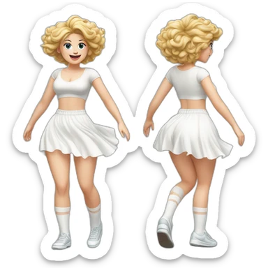 Hyperrealistic Full body Caucasian curvy beauty jumping short white skirt back and front views strong wind knickers long white socks sticker