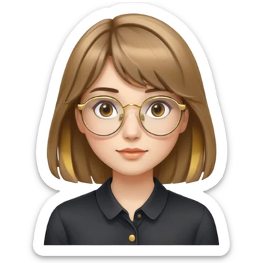 young adult woman with fair skin, round face with soft cheeks, light brown hair with golden highlights, voluminous and straight with slight waves, long bangs over eyebrows, large octagonal gold metal frame glasses, dark casual shirt, friendly and creative expression sticker