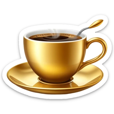 A luxurious golden coffee cup with an elegant curved handle, filled with steaming espresso. The light reflects off its metallic surface, creating a cozy and sophisticated ambiance. sticker