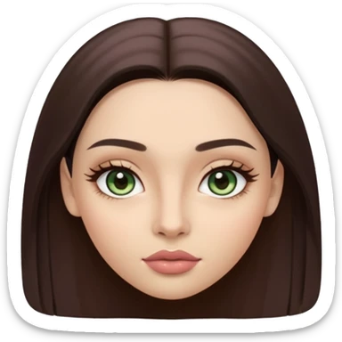 Girl with oval face with light skin. Long, straight, dark brown hair parted in the middle. Large, almond-shaped greenish chestnut eyes with light shimmer eyeshadow. Dark, naturally arched eyebrows. Slim nose with a defined bridge. Full, well-shaped lips with mauve gloss. sticker