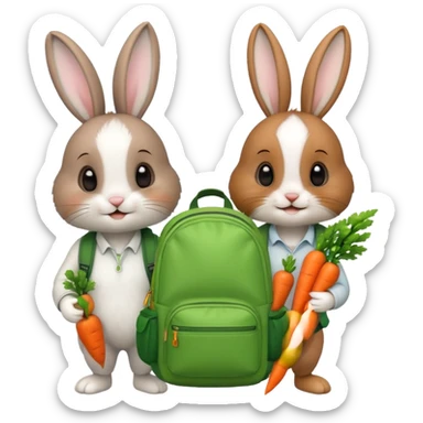 Two bunny brown & white, bunny with a green backpack, holding a carrot sticker