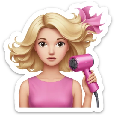 blonde woman in pink dress with pink Dyson hairdryer, hair blowing dramatically sticker