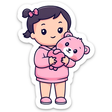 cute toddler girl with pastel pink clothes holding a pink teddy bear sticker