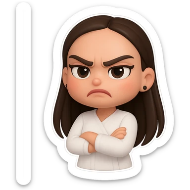 Create a chibi sticker of the girl from the reference image with long hair as shown. She has an angry expression, in 3D bitmoji chibi style with a white outline and transparent background. sticker