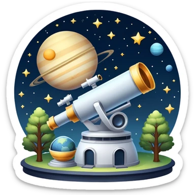 An icon featuring visible planets, distant stars, and galaxies, an observatory with a giant telescope, set against a starry sky, symbolizing the study of astronomy and celestial exploration. Transparent background highlights the wonder of the universe. sticker