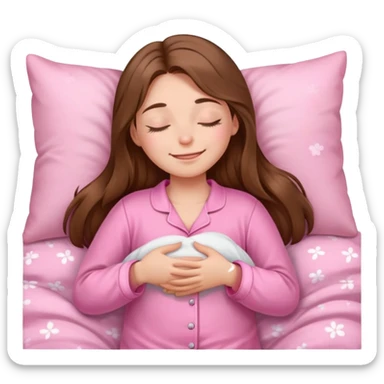 The brown long hair girl going to sleep in pink pajama with smile and closed eyes sticker
