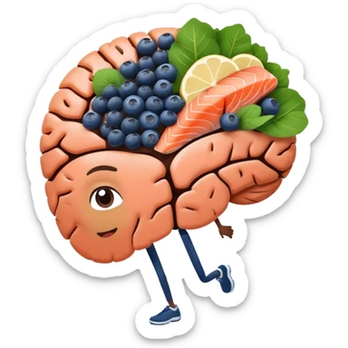 brain surrounded by healthy lifestyle choices, exercising, salmon, dark chocolate, blueberries, seeds, leafy greens . brain booster sticker